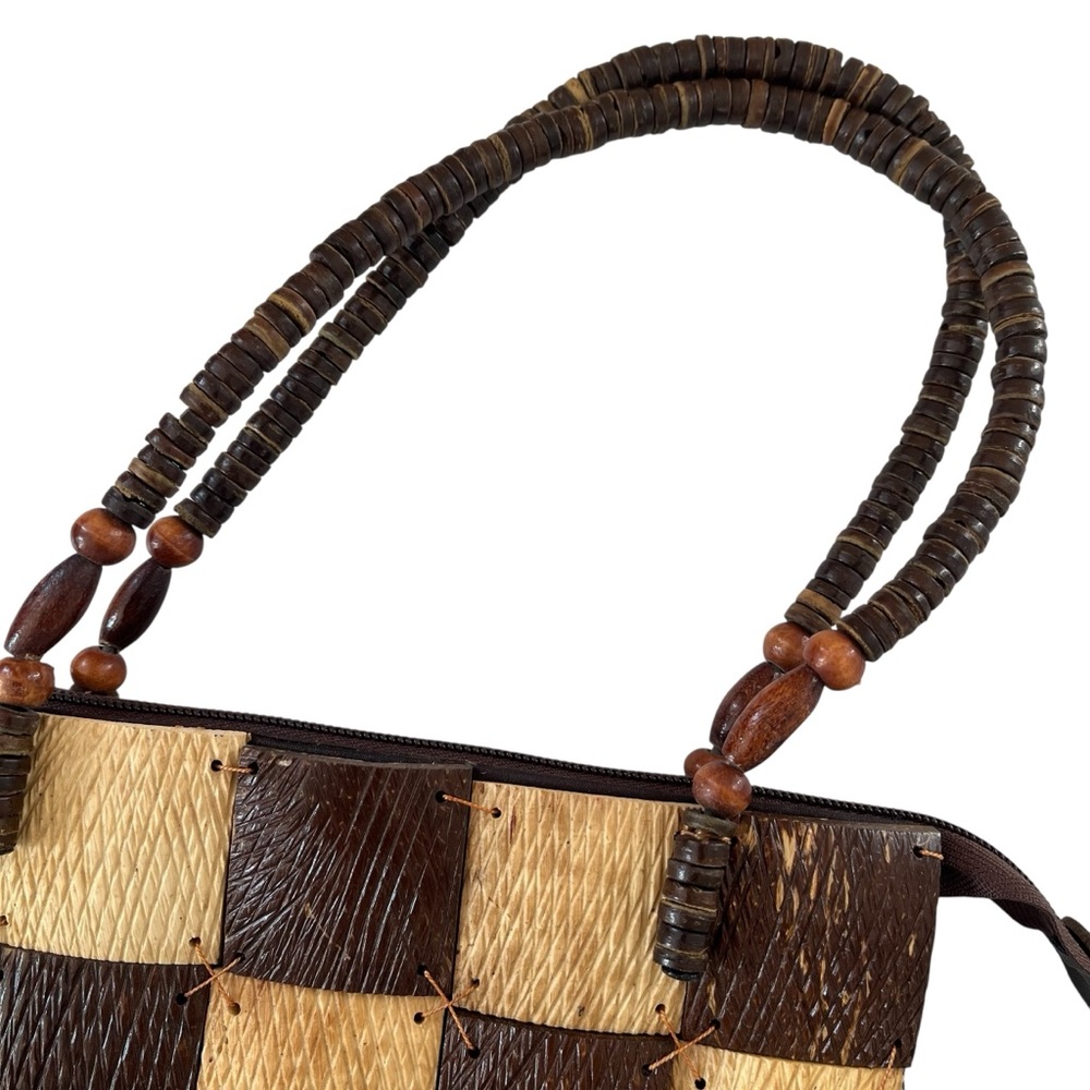 Vintage wooden checkered handbag brown natural beaded handles fully lined - Picture 6 of 11
